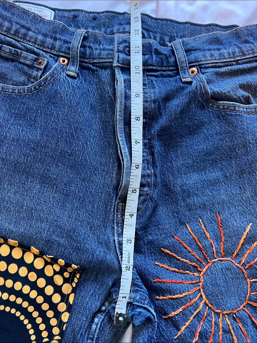 Upcycled BohoEmbroidered Sun & Patchwork Dark Blue Denim Jeans - Picture 12 of 12